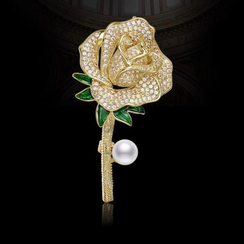 Zinc Alloy Jewelry Brooch, with Plastic Pearl, plated, for woman & with rhinestone 