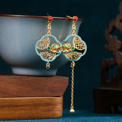 Zinc Alloy Asymmetric Earrings, with Synthetic Jade, gold color plated, for woman & enamel & hollow 