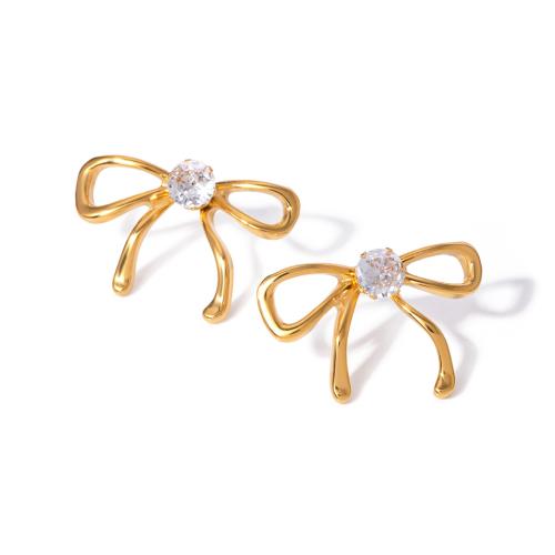 Stainless Steel Cubic Zirconia Stud Earring, 304 Stainless Steel, with Cubic Zirconia, Bowknot, 18K gold plated, fashion jewelry & for woman, golden 