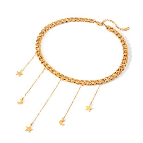 Fashion Fringe Necklace, 304 Stainless Steel, with 5cm extender chain, Moon and Star, Vacuum Ion Plating, fashion jewelry & for woman, golden Approx 35 cm 