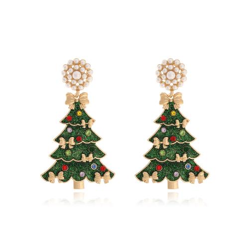 Pendientes de Navidad, aleación de zinc, con Perlas plásticas, Árbol de Navidad, chapado en color dorado, Diseño de Navidad & Joyería & para mujer & esmalte & con diamantes de imitación, verde, 33x58mm, Vendido por Par