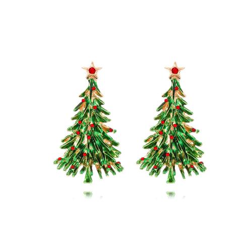 Pendientes de Navidad, aleación de zinc, Árbol de Navidad, chapado en color dorado, Diseño de Navidad & Joyería & para mujer & esmalte & con diamantes de imitación, verde, 23x39mm, Vendido por Par