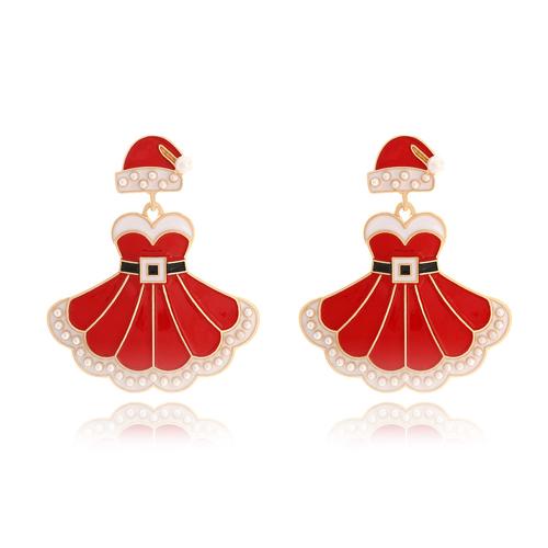 Pendientes de Navidad, aleación de zinc, con Perlas plásticas, Falda, chapado en color dorado, Diseño de Navidad & Joyería & para mujer & esmalte, Rojo, 33x58mm, Vendido por Par