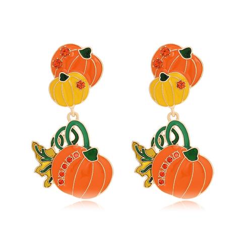 aleación de zinc Pendientes con Colgantes, Calabaza, chapado en color dorado, Joyería de Halloween & para mujer & esmalte & con diamantes de imitación, naranja, 32x57mm, Vendido por Par