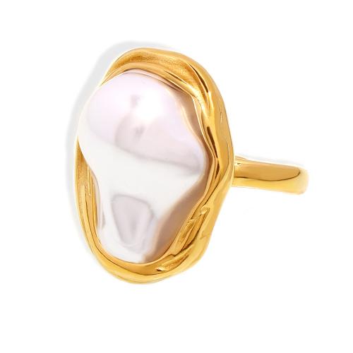 Titanium Steel Cuff Finger Ring, with Plastic Pearl, fashion jewelry & for woman, gold, US Ring 