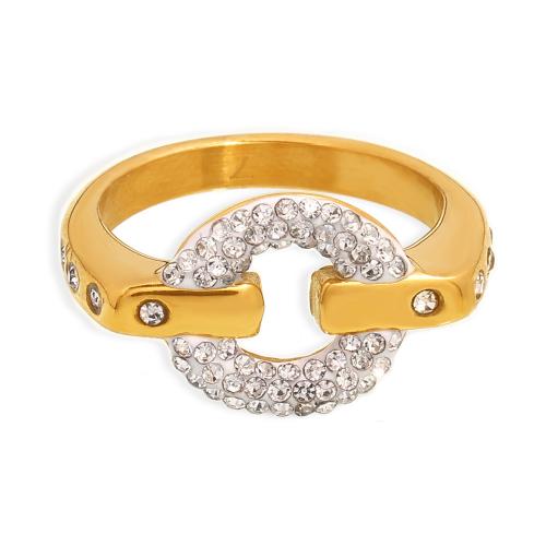 Titanium Steel Finger Ring, 18K gold plated & for woman & with rhinestone & hollow 