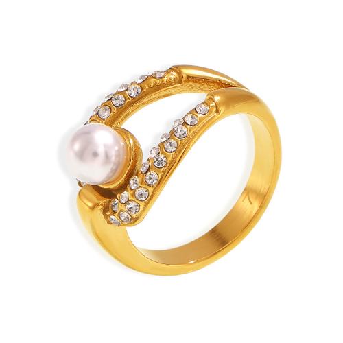 Titanium Steel Finger Ring, with Plastic Pearl, plated & for woman & with rhinestone & hollow 