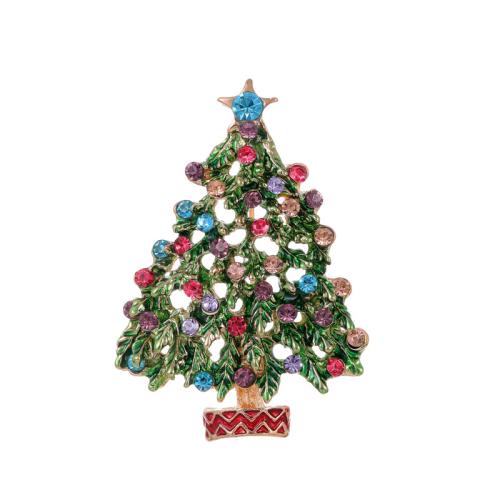 Broche de bijoux de Noël, alliage de zinc, arbre de noël, plaqué de couleur d'or KC, Conception de Noël & émail & avec strass, Vendu par PC