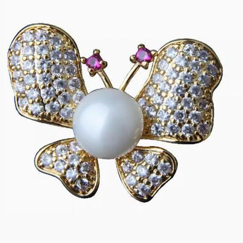 Zinc Alloy Jewelry Brooch, with Plastic Pearl, plated, for woman & with rhinestone, golden 