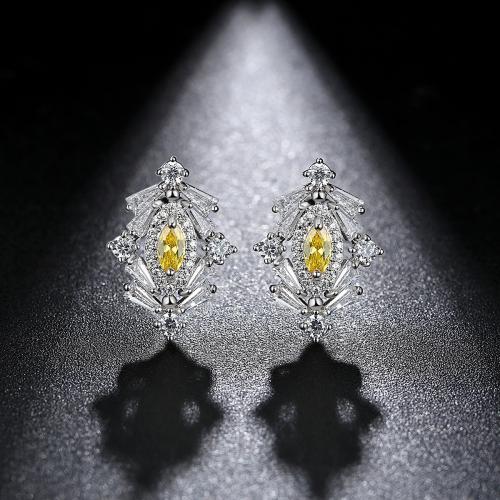 Brass Stud Earring, Flower, platinum plated, micro pave cubic zirconia & for woman 