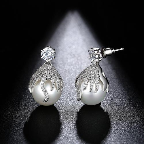 Brass Drop Earring, with Shell Pearl, platinum plated, micro pave cubic zirconia & for woman 