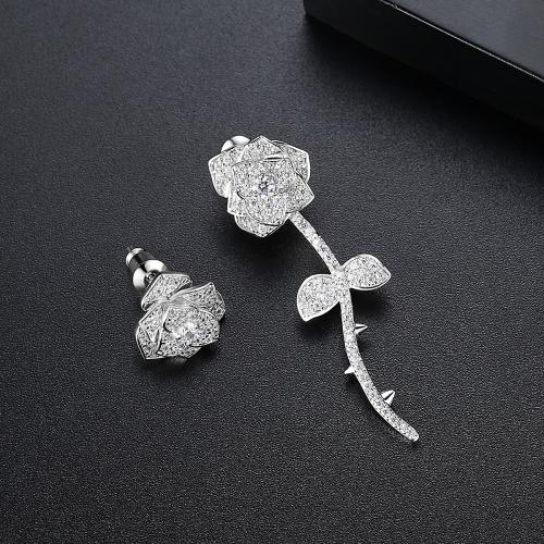 Brass Asymmetric Stud Earrings, Flower, platinum plated, micro pave cubic zirconia & for woman 