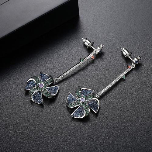 Brass Drop Earring, Pinwheel, platinum plated, micro pave cubic zirconia & for woman 