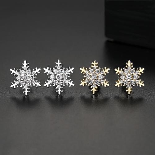 Brass Stud Earring, Snowflake, plated, micro pave cubic zirconia & for woman 