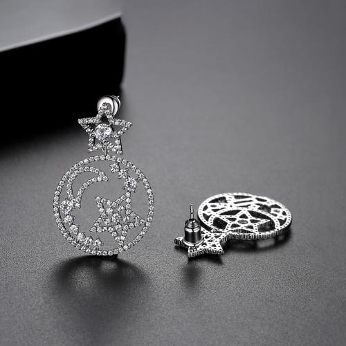 Brass Drop Earring, Moon and Star, plated, micro pave cubic zirconia & for woman & hollow 