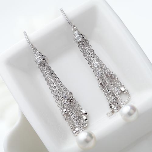 Brass Tassel Earring, with Plastic Pearl, platinum plated, micro pave cubic zirconia & for woman 