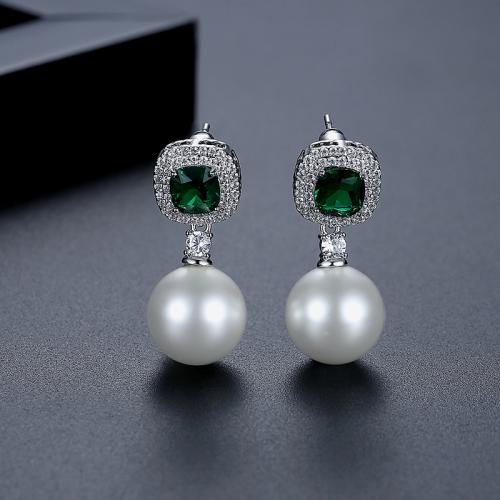 Brass Drop Earring, with Plastic Pearl, Geometrical Pattern, platinum plated, micro pave cubic zirconia & for woman 