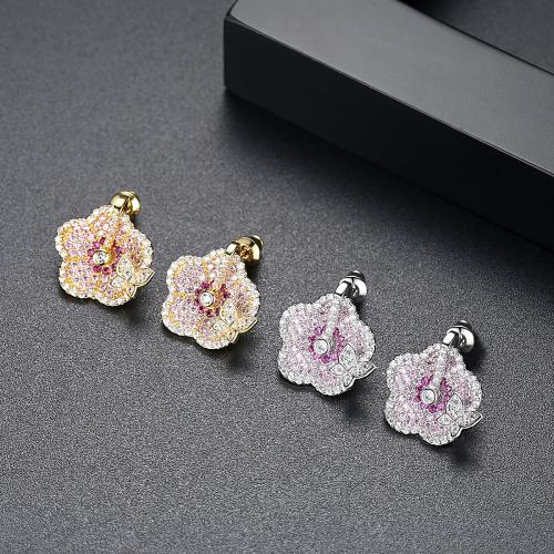 Brass Stud Earring, Flower, plated, micro pave cubic zirconia & for woman 