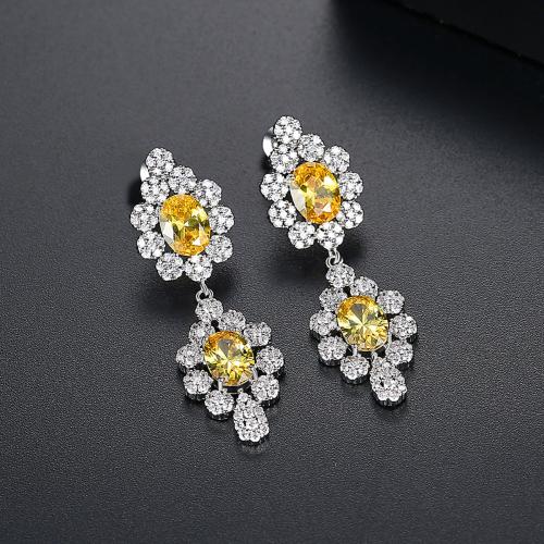 Brass Drop Earring, Flower, platinum plated, micro pave cubic zirconia & for woman 