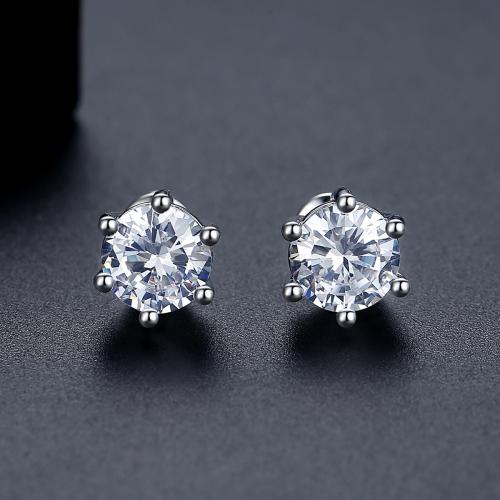 Brass Stud Earring, Geometrical Pattern, platinum plated, for woman & with cubic zirconia, 9.52mm 