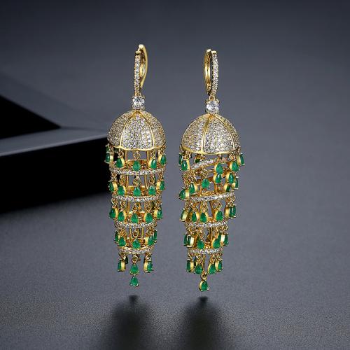 Brass Huggie Hoop Drop Earring, Lantern, gold color plated, micro pave cubic zirconia & for woman 