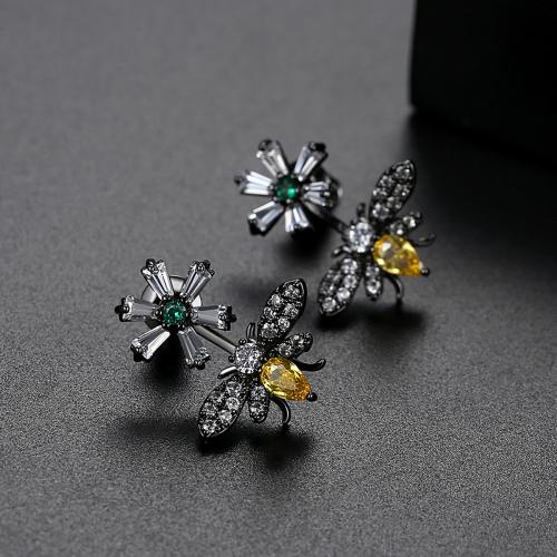 Brass Stud Earring, Bee, plated, micro pave cubic zirconia & for woman 