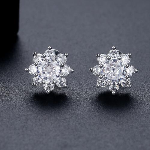 Brass Stud Earring, Snowflake, platinum plated, micro pave cubic zirconia & for woman 