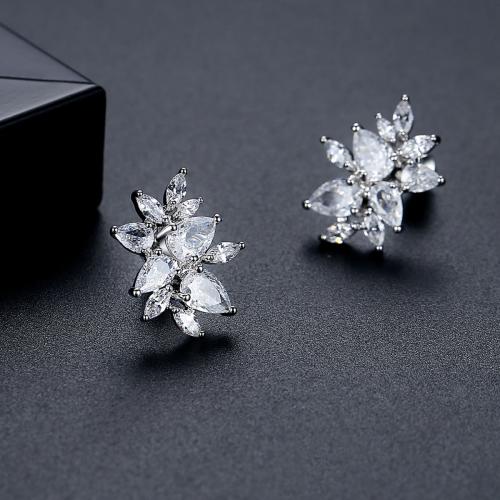 Brass Stud Earring, platinum plated, micro pave cubic zirconia & for woman 