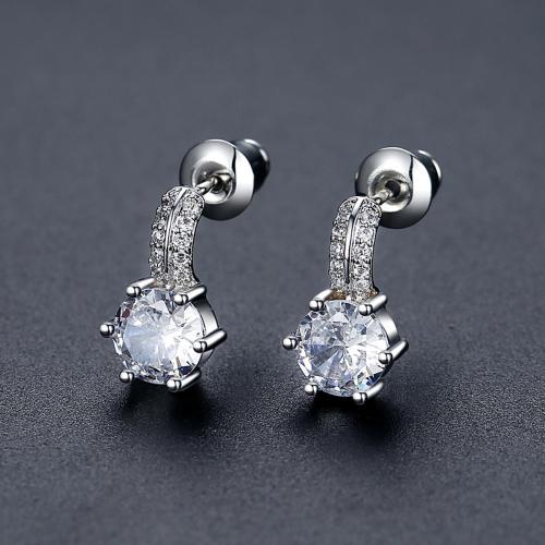 Brass Stud Earring, Geometrical Pattern, platinum plated, micro pave cubic zirconia & for woman 