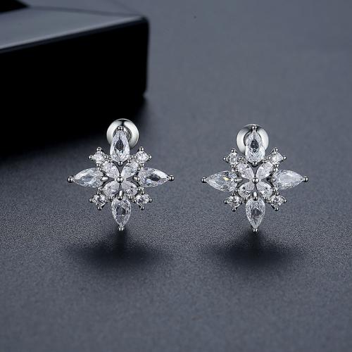 Brass Stud Earring, Geometrical Pattern, platinum plated, micro pave cubic zirconia & for woman 