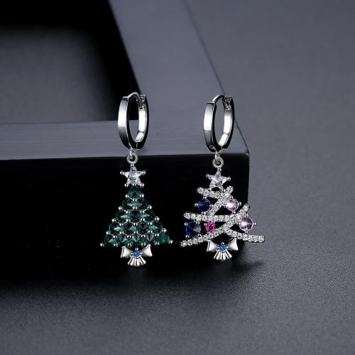 metal Pendientes asimétricos, Árbol de Navidad, chapado en platina real, Joyas de Navidad & micro arcilla de zirconia cúbica & para mujer, 14.6x34.6mm, Vendido por Par