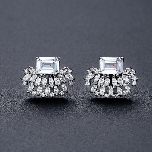 Brass Stud Earring, Geometrical Pattern, platinum plated, micro pave cubic zirconia & for woman 