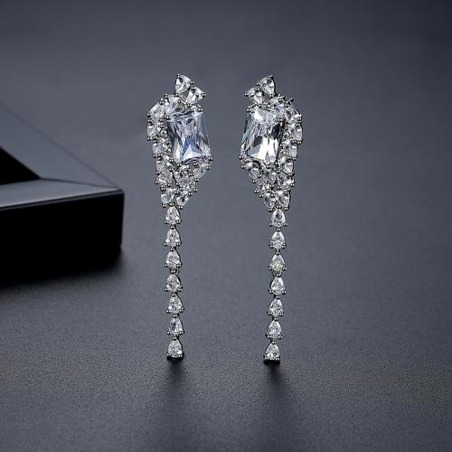 Brass Drop Earring, Geometrical Pattern, platinum plated, micro pave cubic zirconia & for woman 