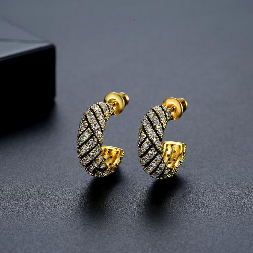 Brass Stud Earring, Letter C, gold color plated, micro pave cubic zirconia & for woman 