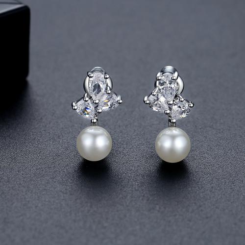 Brass Stud Earring, with Plastic Pearl, platinum plated, micro pave cubic zirconia & for woman 