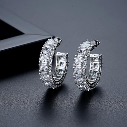 Brass Stud Earring, Letter C, platinum plated, micro pave cubic zirconia & for woman 