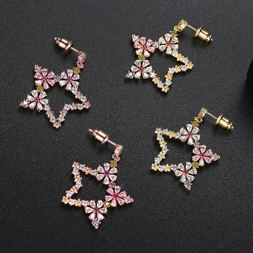 Brass Drop Earring, Star, plated, micro pave cubic zirconia & for woman & hollow 