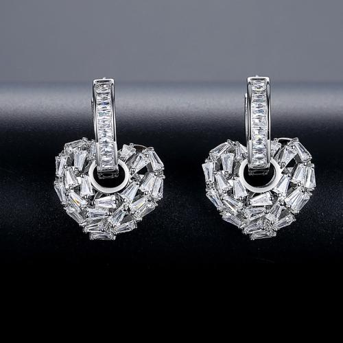 Brass Huggie Hoop Drop Earring, Heart, platinum plated, micro pave cubic zirconia & for woman & hollow 