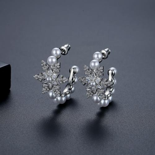 Brass Stud Earring, with Plastic Pearl, Snowflake, platinum plated, micro pave cubic zirconia & for woman 