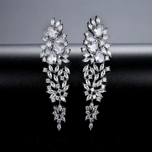 Brass Drop Earring, platinum plated, micro pave cubic zirconia & for woman, 60.6mm 