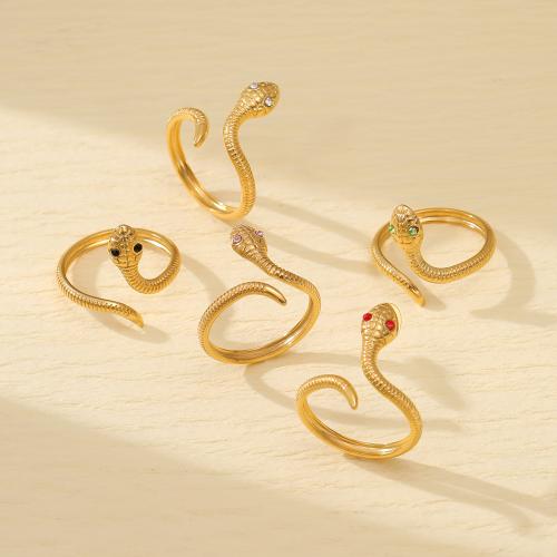 Stainless Steel Finger Ring, 304 Stainless Steel, Snake, fashion jewelry & for woman & with rhinestone, golden 