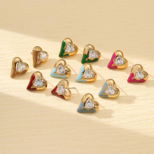 Stainless Steel Cubic Zirconia Stud Earring, 304 Stainless Steel, with Cubic Zirconia, Heart, 18K gold plated, fashion jewelry & for woman & enamel 