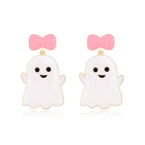 aleación de zinc Pendientes con Colgantes, Fantasma, chapado en color dorado, Joyería de Halloween & para mujer & esmalte, Blanco, 32x52mm, Vendido por Par