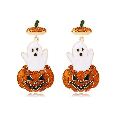 aleación de zinc Pendientes con Colgantes, Calabaza, chapado en color dorado, Diseño de Halloween & para mujer & esmalte, 31x59mm, Vendido por Par