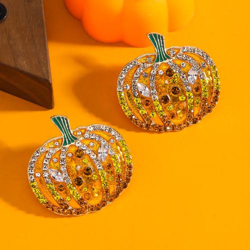 aleación de zinc Arito, Calabaza, chapado en color dorado, Diseño de Halloween & para mujer & esmalte & con diamantes de imitación, amarillo, Vendido por Par