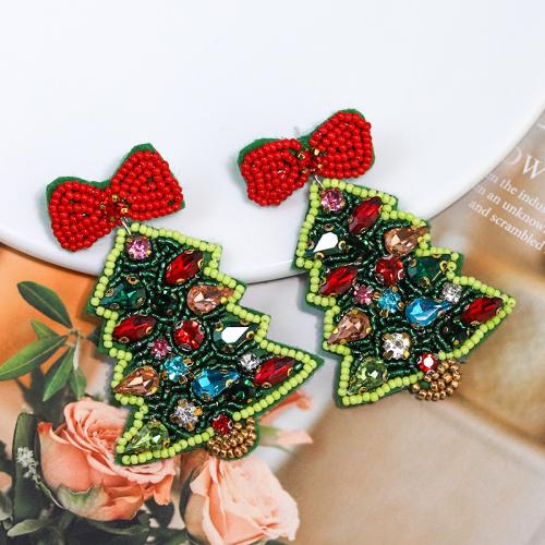 Pendientes de Navidad, resina, con Seedbead, Árbol de Navidad, chapado en color dorado, Diseño de Navidad & para mujer & con diamantes de imitación, verde, Vendido por Par