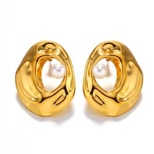 Stainless Steel Stud Earring, 304 Stainless Steel, with Plastic Pearl, Vacuum Ion Plating, fashion jewelry & for woman, gold 