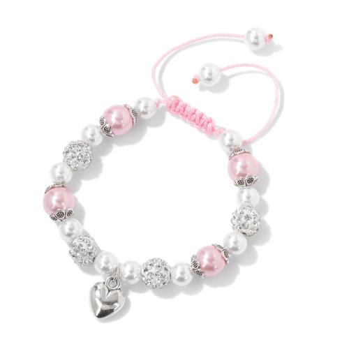 Cubic Zirconia Zinc Alloy Bracelet, with Shell Pearl & Polyester Cord, micro pave cubic zirconia & for woman, pink Approx 16 cm [