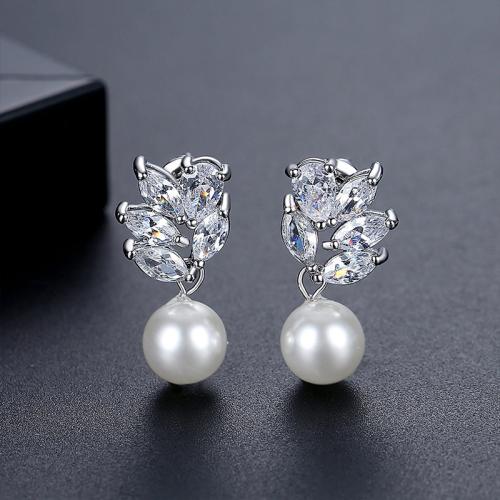 Brass Drop Earring, with Plastic Pearl, platinum plated, micro pave cubic zirconia & for woman 