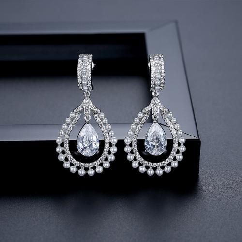 Brass Drop Earring, with Plastic Pearl, Teardrop, platinum plated, micro pave cubic zirconia & for woman & hollow 